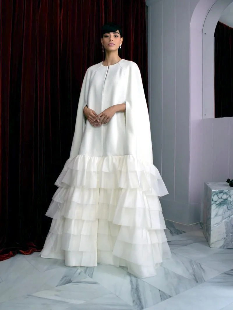 

Women Ivory Floor Length Overall Scalloped Edges Satin Cover Jacket Maxi Cape Jacket Overcoat Custom