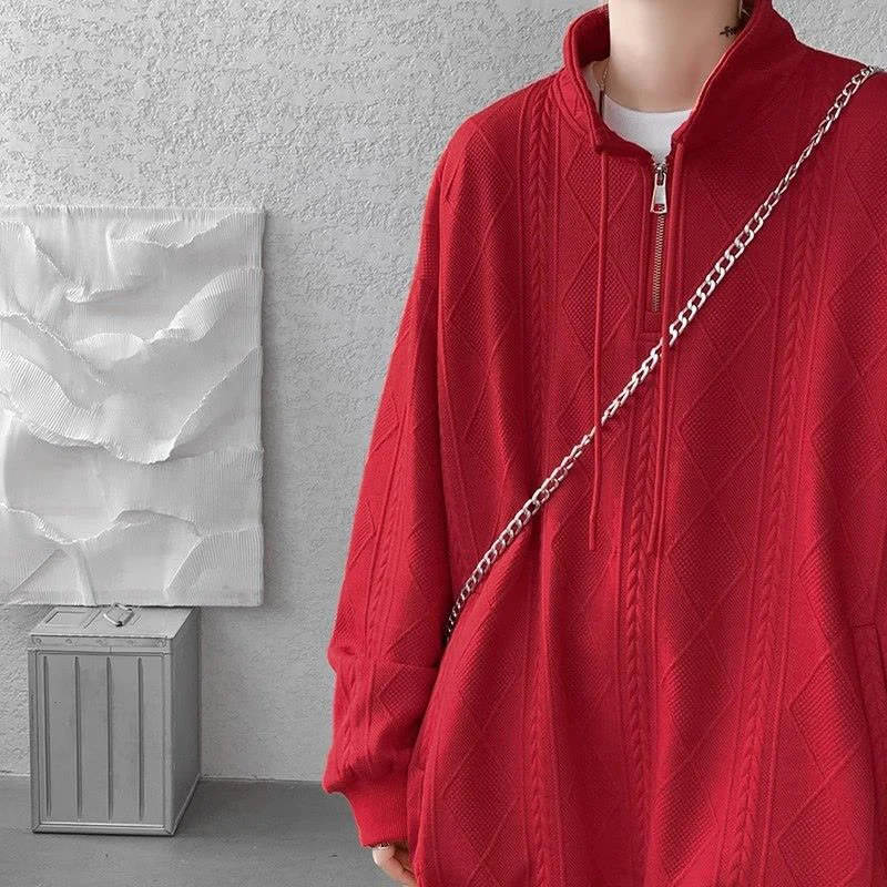 Spring Autumn Vintage Half Zip Long Sleeve Men Drawstring Sweatshirts Fashion Harajuku Oversized T Shirts Pullovers Black Beige
