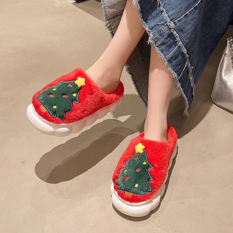 Christmas Tree Decor Cotton Slippers Women Indoor Warm Thick Plush Platform Slides Woman Comfy Non Slip Soft Fluffy Fur Slippers