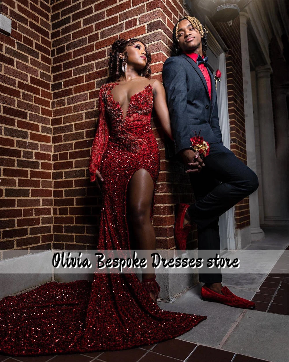 Super Red One shoulder Long Sleeve Prom Dresses Split Sequin African Wedding Dress Black Girls Beads Mermaid Cocktail Customized