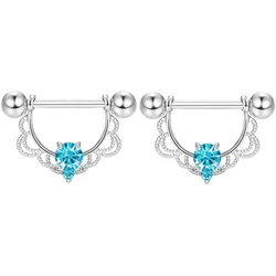 Pink Heart Crystal Flower Nipple Jewelry Set - Shiny Barbell Collection (Style4 Blue)