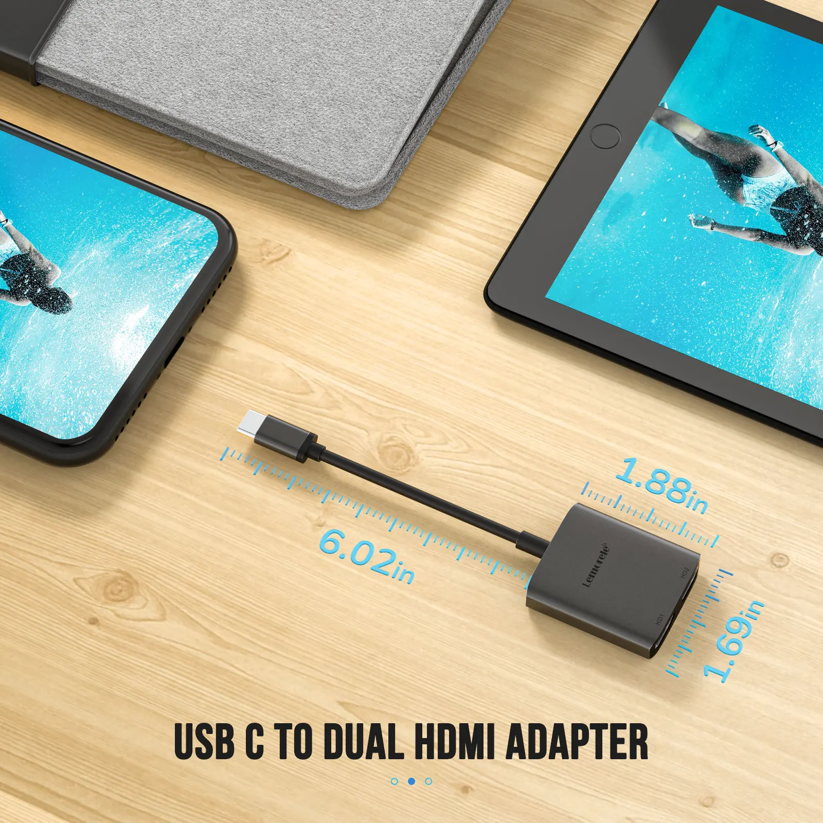 Фото Док-станция Lemorele с 2 портами USB C на два HDMI, 4K, 60 Гц №5