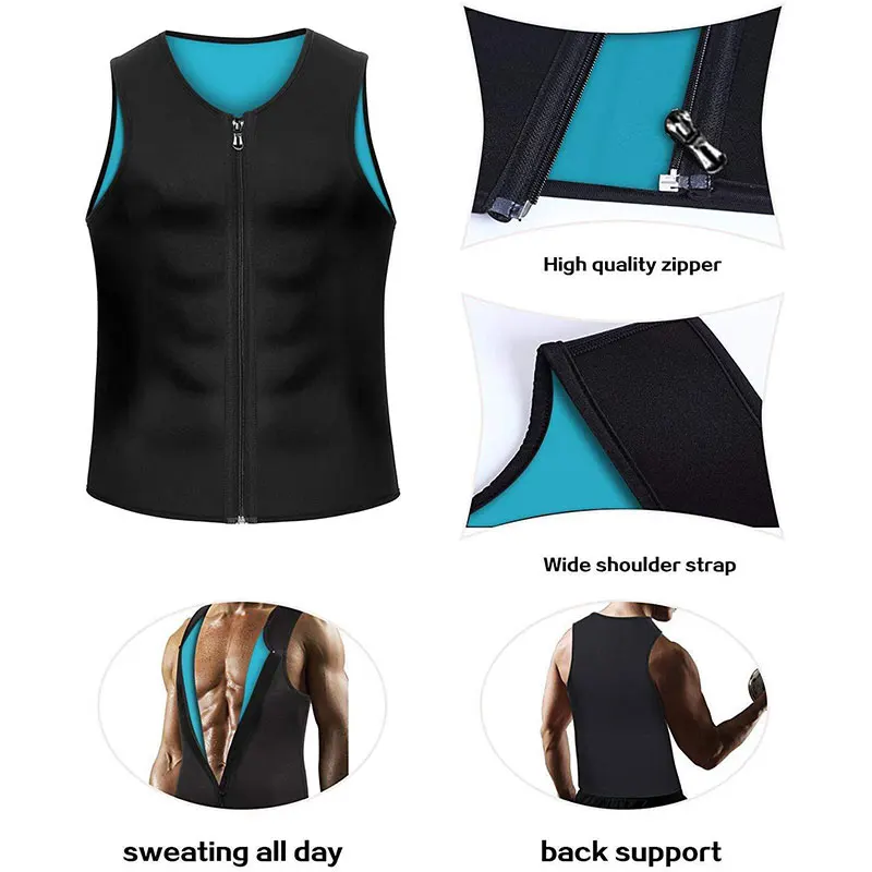 Men Compression Trainer Vest Neoprene Corset Body Shaper Slimming Shirt Weight Loss Fitness Workout Zipper Belly Control Vest