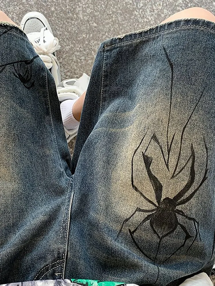Korean Harajuku Spider Cobweb Print Denim Short for Men Y2k