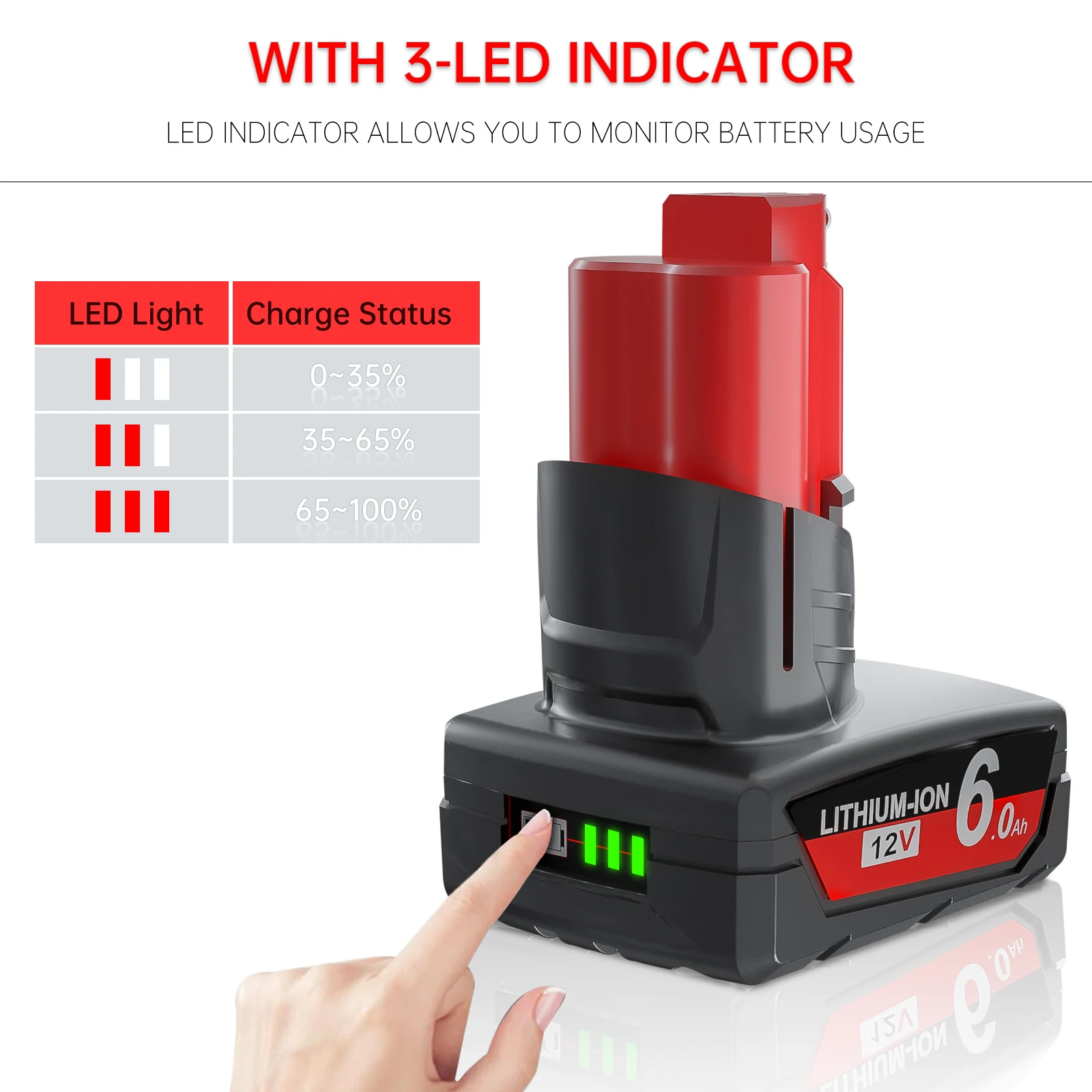 Rechargeable Battery 12V 6.0Ah with Light for Milwaukee M12 Battery M12 Tool 48-11-2402 48-11-2411 48-11-2401