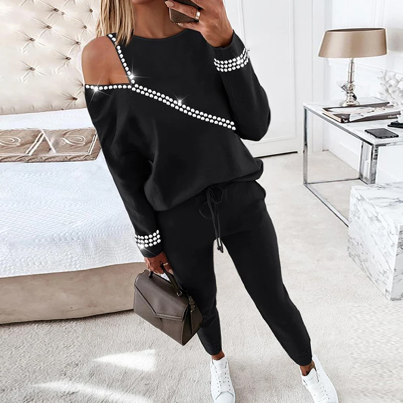 

Women Casual Commute Hot Diamond 2pc Autumn O Neck Off Shoulder Tops+Drawstring Long Pants Set Fashion Long Sleeve Tracksuit Set