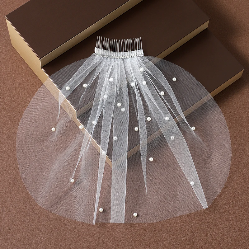 Simple retro pearl embellishment bride wedding dress accessories short travel pat headdress veil hair comb