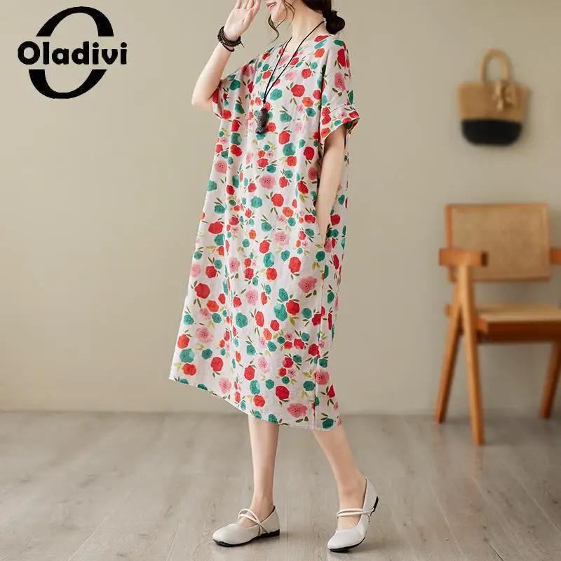 

Oladivi Fashion Print Large Size Women's Casual Loose Cotton Linen Dress 2023 Summer Oversized Dresses Female Tunic Robe 6XL 217