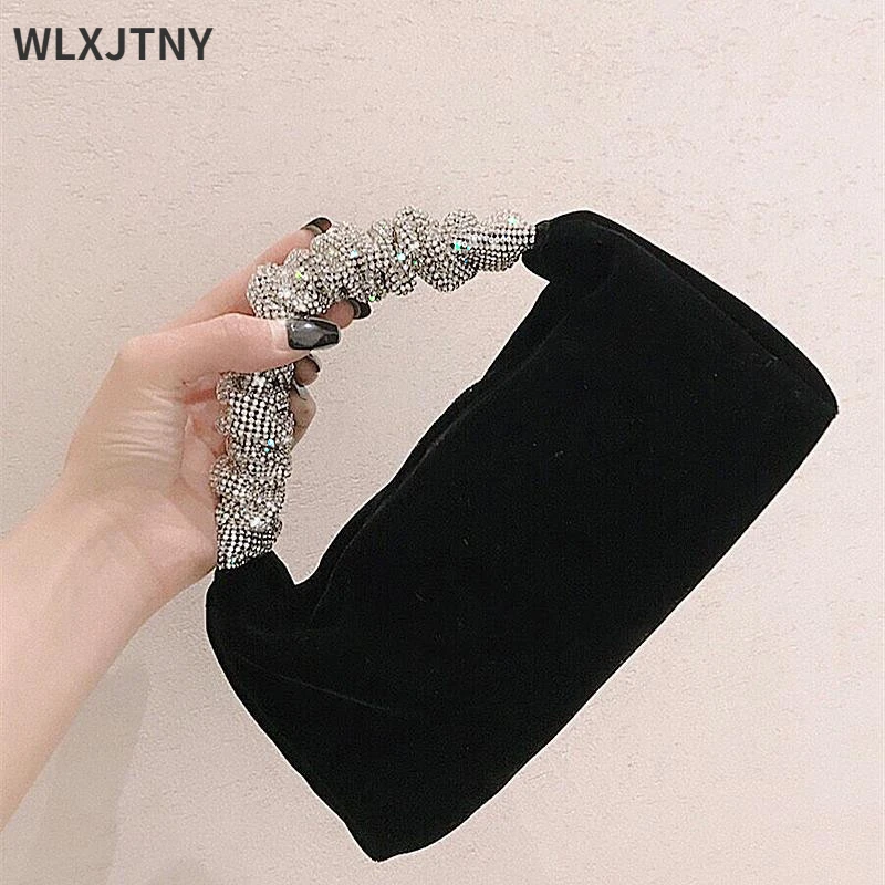 

Black Velvet Luxury Bag Woman Rhinestone Handle Designer Handbags for Women Banquet Evening Clutch Purse Designer Brands Chic