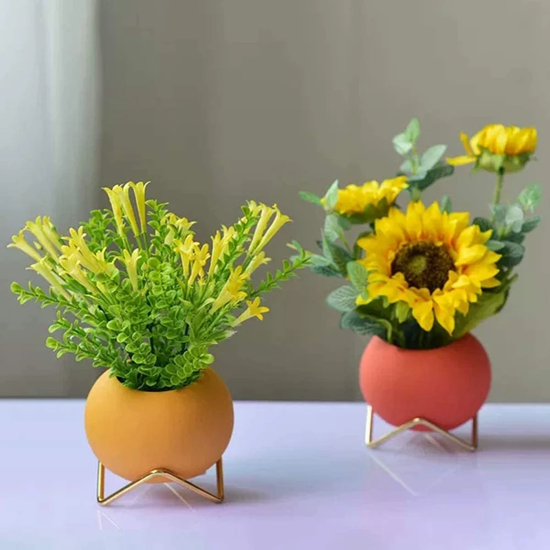 A74P-Small Flower Vase Set Of 3, Modern  Vase For Living Room Decor Yellow Blue Orange Round Vase For Faux Flowers 5