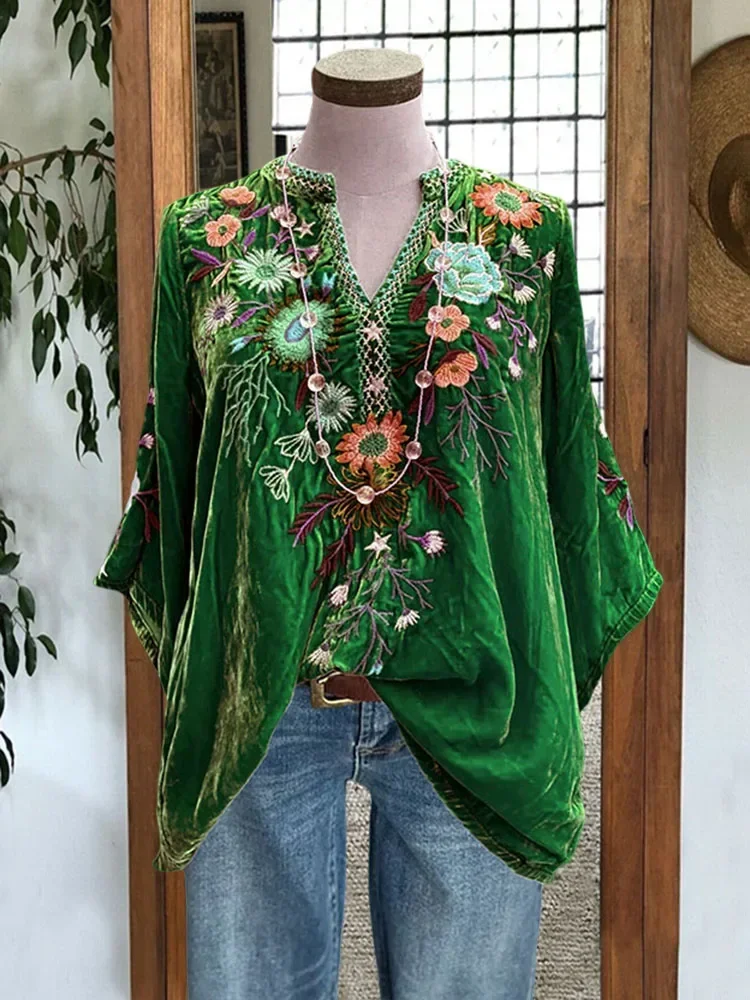 

Velvet Floral Embroidered Loose Top Bright Floral Printed Blouse for Women Dressy Casual Flowers Long Sleeves Shirts