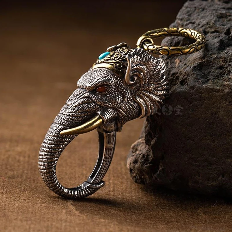 Silver Manual Elephant God of Wealth Pendant Ring Buckle Car Keychain Personality Creativity Vintage Jewelry