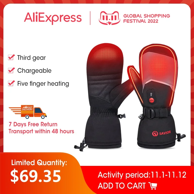 SAVIOR HEAT Winter Moto Ski Battery Heated Gloves Snowboard Mittens