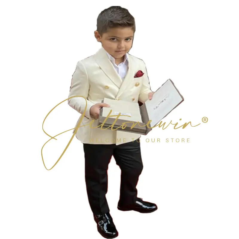 

Ivory Jacket Black Pant Double Breasted Boys Attire Costume Homme Wedding Suits For Boys Formal Kid Tuxedo 2 Pieces Party Suits