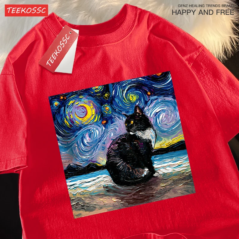 Oil Painting Starry Sky Cat Tshirts Men Women Oversized Cotton Clothing Fashion Summer T-Shirt High Quality Brand Loose Shirts
