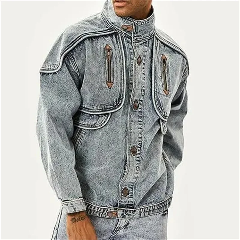 

New Vintage Denim Jackets Men Slim Solid Casual Jean Coat Fashion Stand Collar Moto Biker High Street Tide Outwears 12A5983