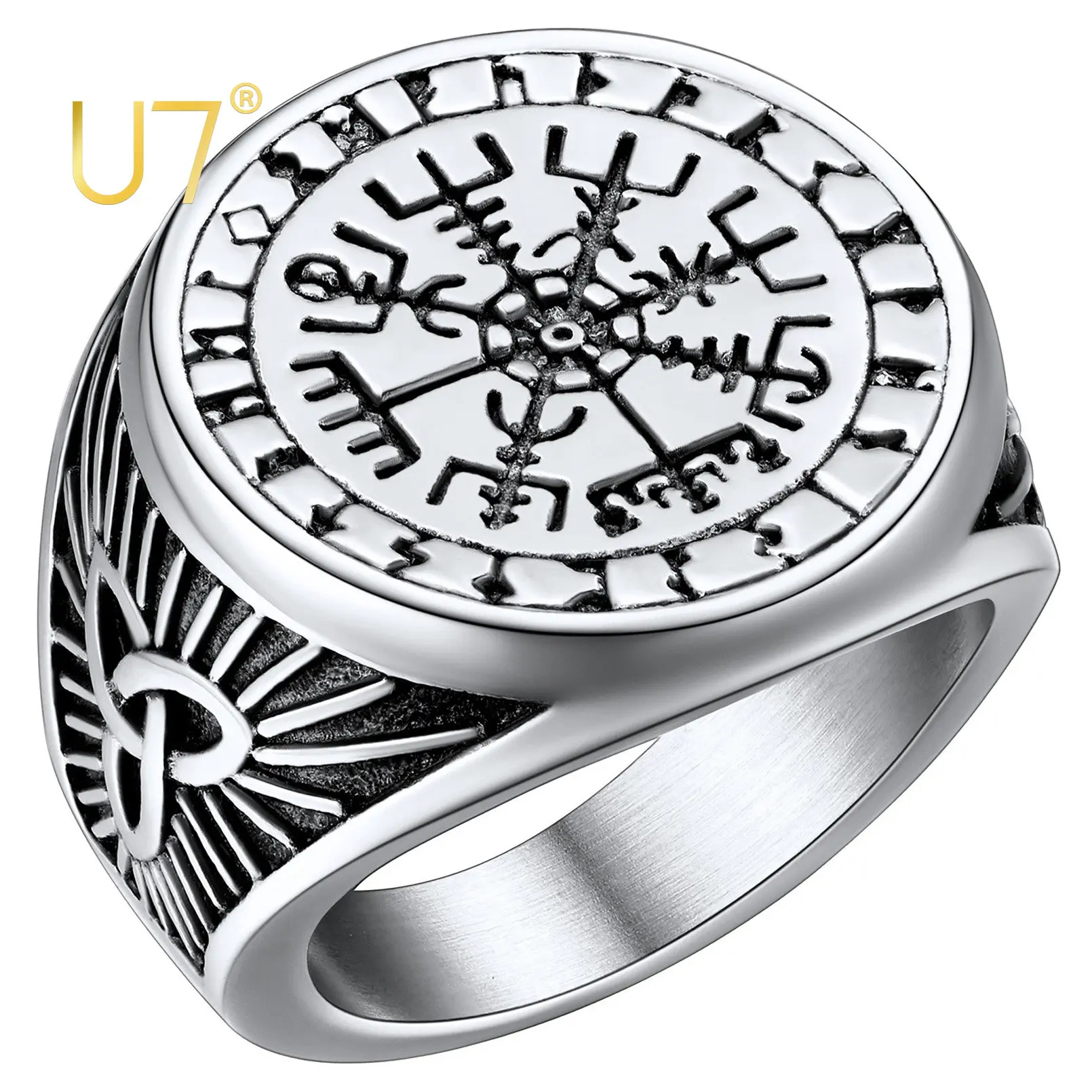 Anillo Vikingo Vegvisir De Acero Inoxidable - Diseño De Hacha Doble Y Brújula, Tallas 7-13, Unisex, Estilo Nórdico
