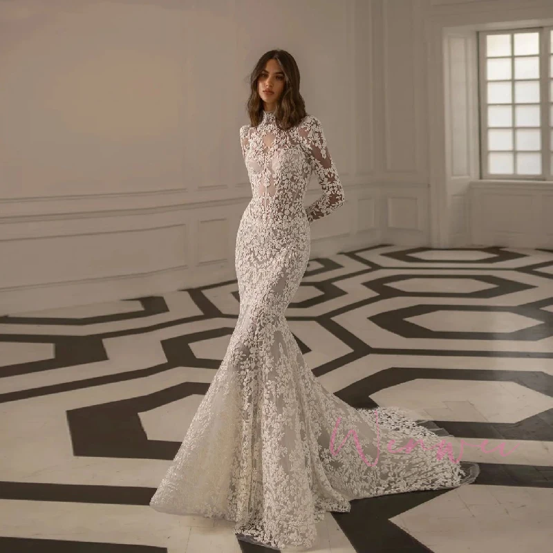 high collar long sleeve lace wedding dress High-Neck Long Sleeve Lace Wedding Dress  HAREM's Brides