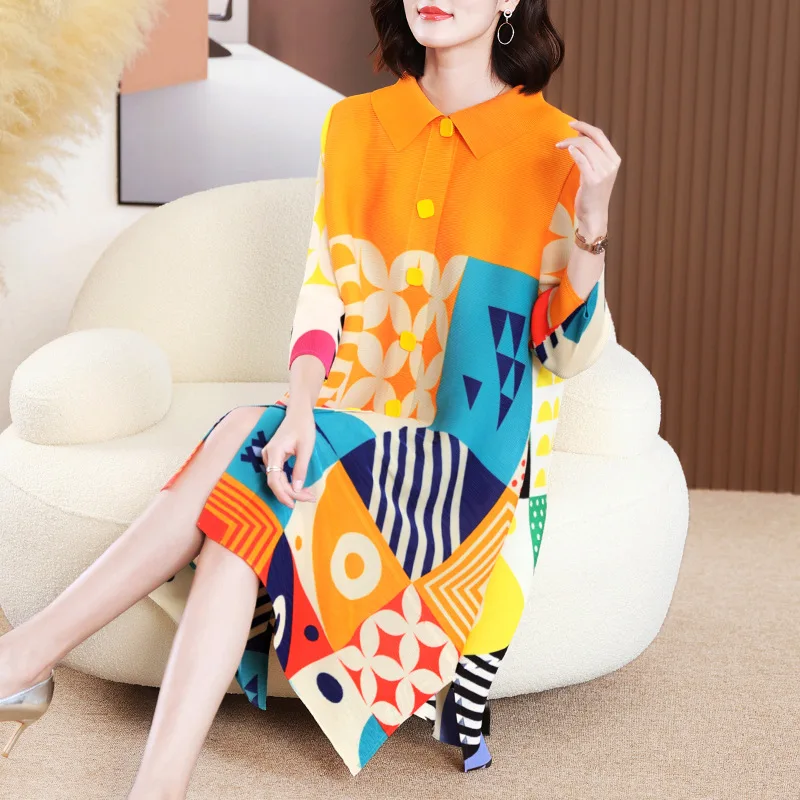 Miyake Pleated Dress Women 2024 Spring New High-End Design Sense Printing  Lapel 3/4 Sleeve Single-breasted Fashion Shirt Dresses - AliExpress  200000345
