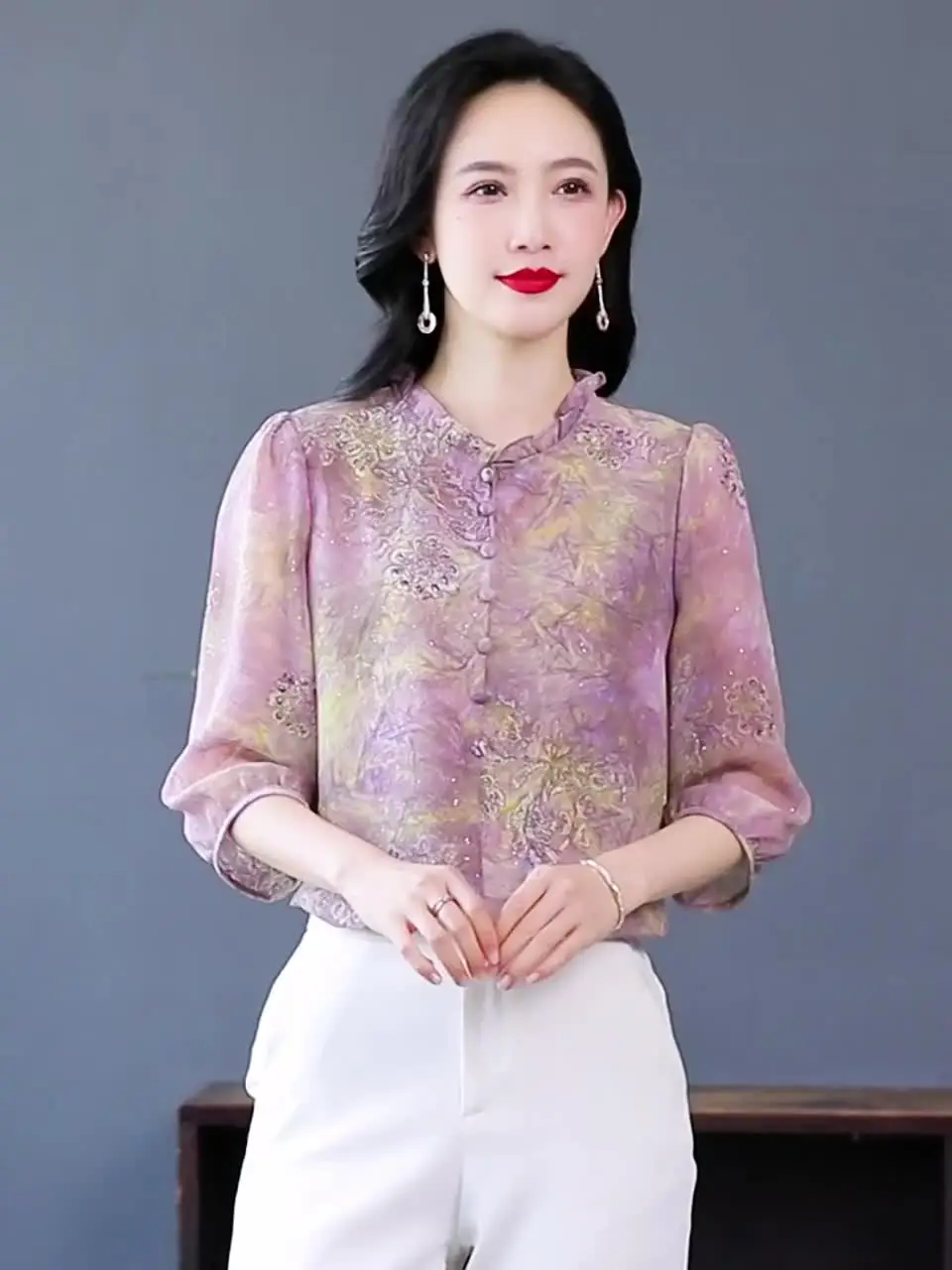 2026 Spring Summer Women Tops Ruffles Collar 3/4 Sleeve Floral