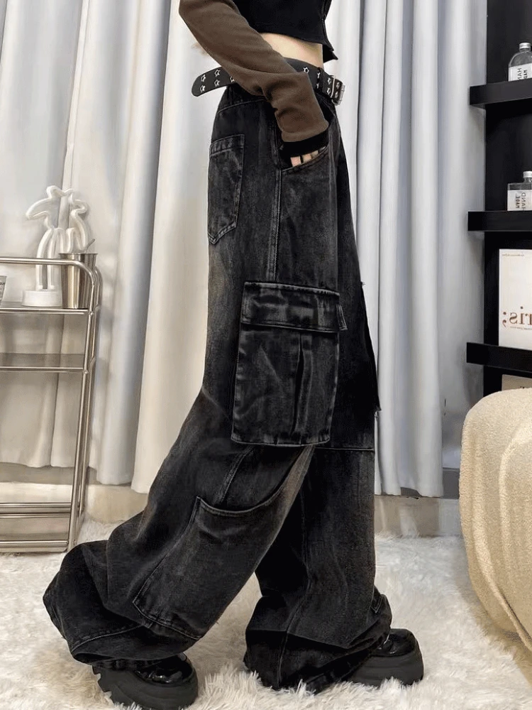 ADAgirl Black Cargo Jeans Women Harajuku Vintage Baggy Pocket Do Old Slouchy Wide Leg Denim Pants Y2k Causal High Waist Trousers