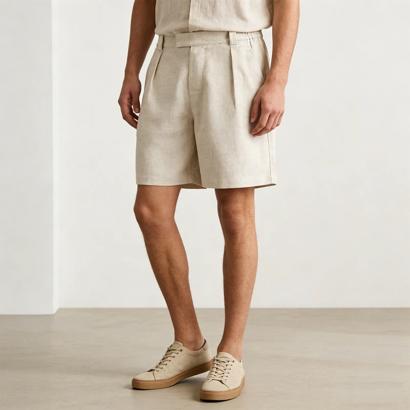 Weiße plissierte Leinen-Bermudashorts für Herren, klassische Passform, elastischer Bund, lässige knielange Sommerurlaub-Strandshorts – Detail 7