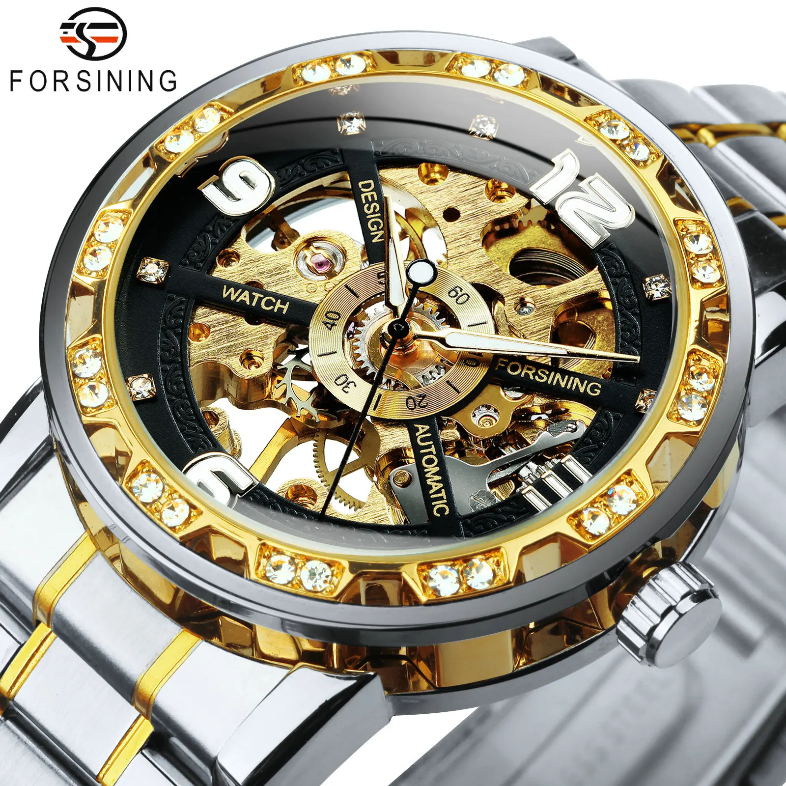 FORSINING Orologio Uomo Automatico Meccanico - Acciaio Inox, Quadrante Scheletrato Con Numeri Romani, Militare, Luminoso