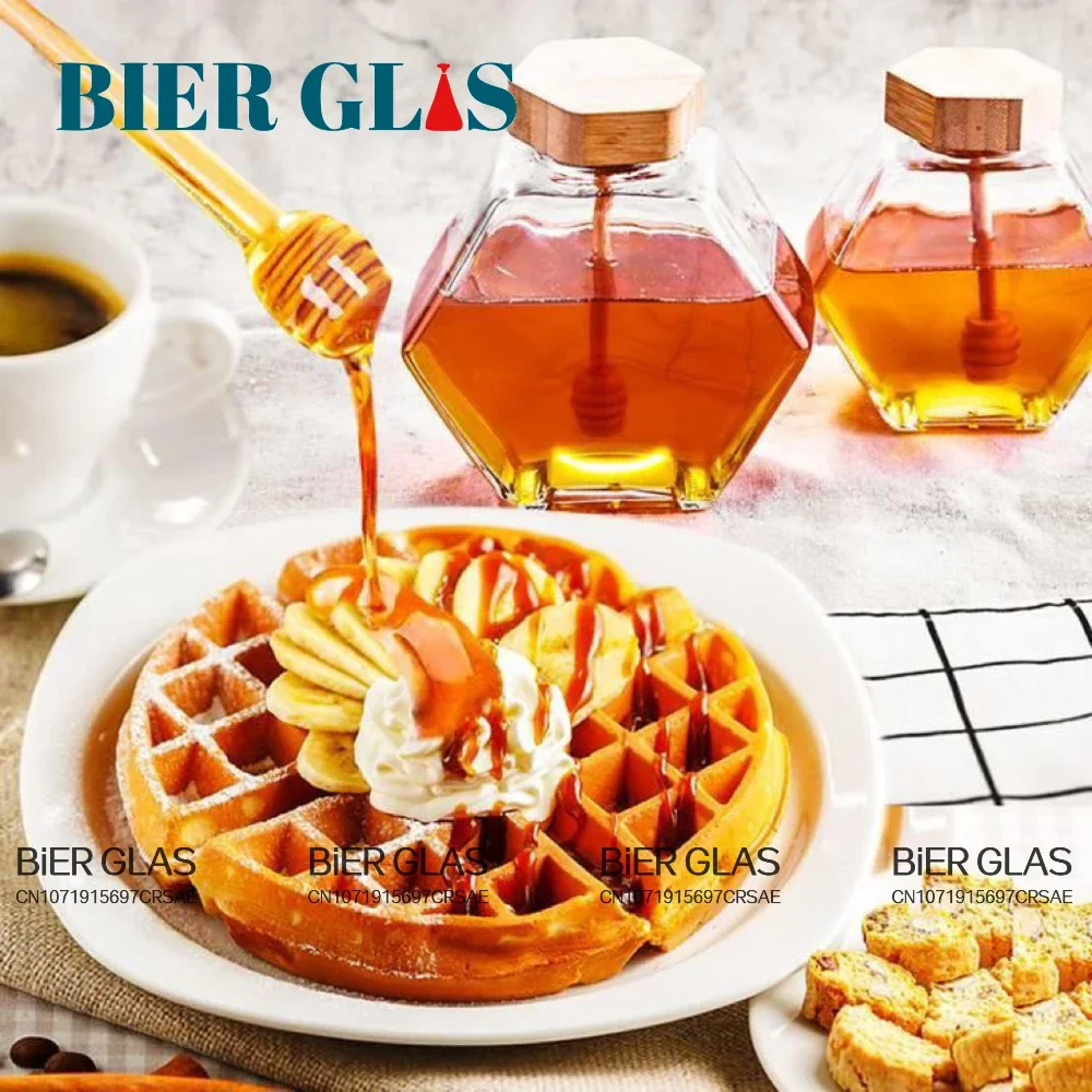 5 - 10pcs Hexagonal Glass Honey Bottle with Dipper Wooden Stirring Sticks Packaging Jars Dispenser Food Storage Container Gift 3