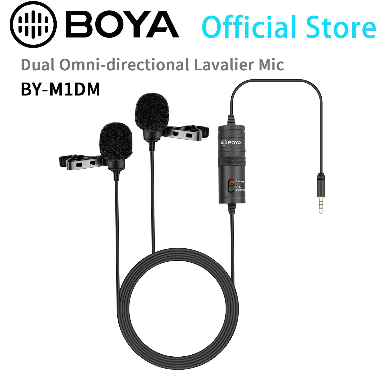 BOYA BY-M1DM 4m Professional Lavalier Condenser Microphone 3.5mm TRRS Dual-Head Streaming Lapel Microphone for PC Mobile Phone