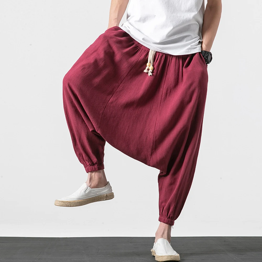 

Southeast Asian National Traditional Clothing Linen Material Solid Color Loose Men's Big Crotch Lantern Nepalese Pants