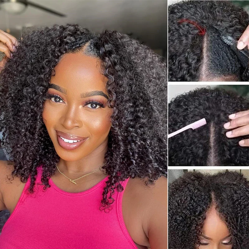

Kinky Curly V Part Wig Human Hair No Leave Out Thin Part Brazilian Hair Wigs for Women 180Density Afro Curly Glueless V Part Wig