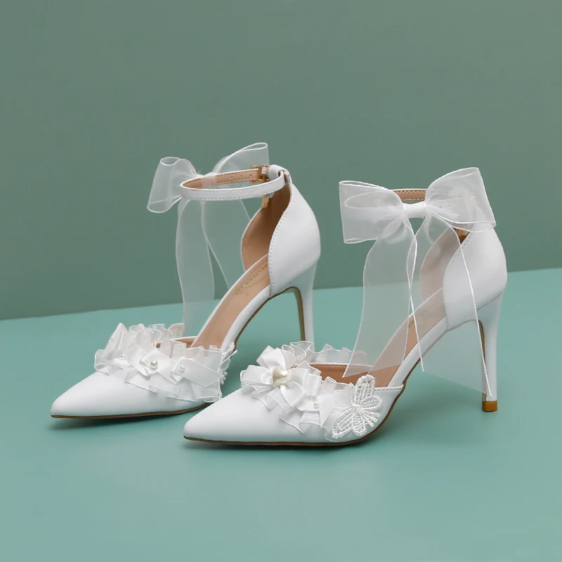 

Spring and summer new pointy pearl lace bow bride wedding shoes thin high-heeled party dress versatile large female sandals