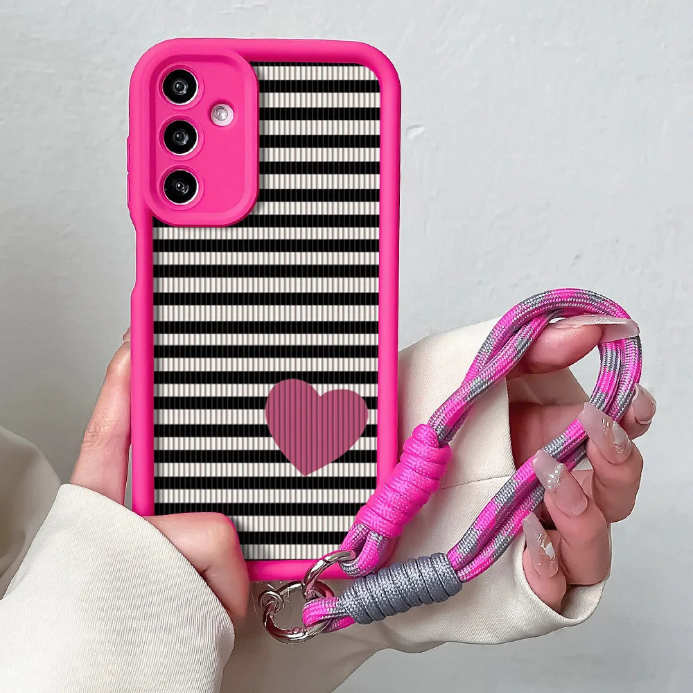 Stylish Stripe Pattern Wrist Chain Lanyard Case with Love Heart Design and Hanging Strap