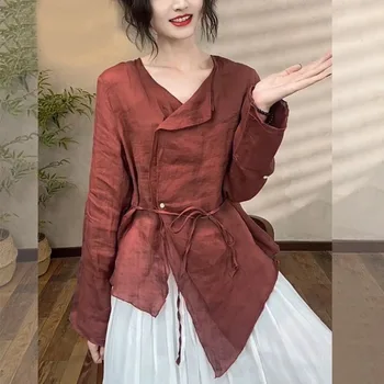 Women's Vintage Ethnic Style Lace-up Shirt Elegant Chic Asymmetrical Design Blouse Spring Autumn Solid Long Sleeve Slim Fit Tops