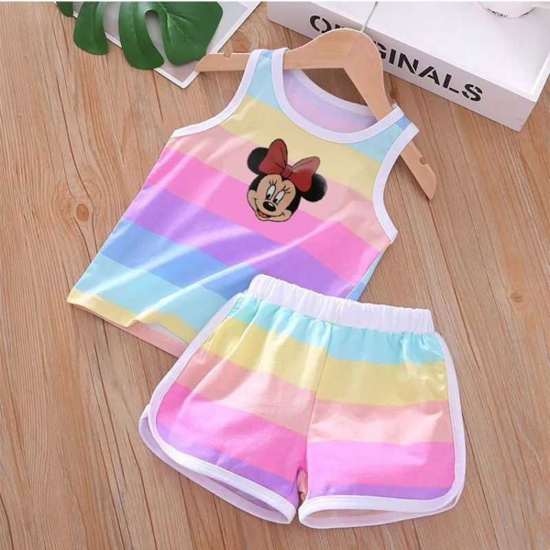 Kids Clothing Set Summer Baby Kids 2pieces Cute Minnie Mickey Cartoon Girls and Boys Vest and Shorts Disney Outfits