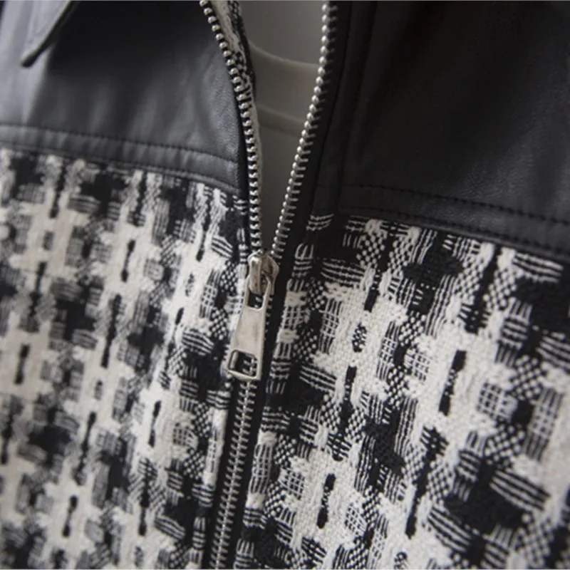 Womens Plus Size Zipper Jacket Autumn Casual Clothing Fashion French Chic PU Leather Patchwork Outwear Curve Coats J8 8931