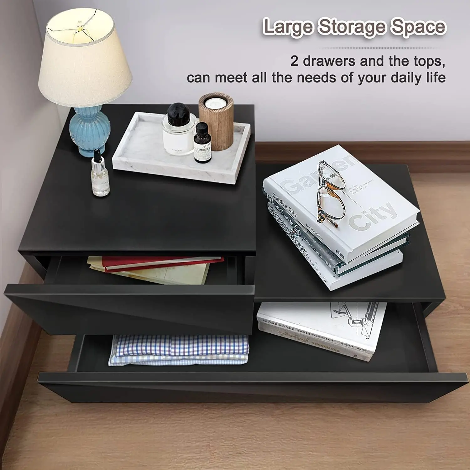 Small LED Nightstand Modern Black Night Table High Gloss Bedside Table with 2 Drawers Night Stand with Light End Side Tab