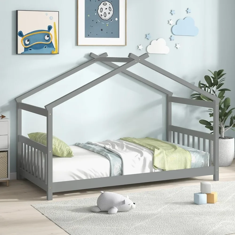 House Bed Twin,Solid Wood Kids House Bed with Roof,Headboard and Footboard,Low Floor Twin Bed Frame for Toddlers Teens GirlsBoys 3
