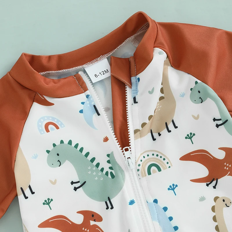 Toddler Infant Baby Kid Boy Swimsuit Dinosaur Pattern Short Sleeve Half Zipper Non-Pilling Rash Guard Swimwear Sunhat Set