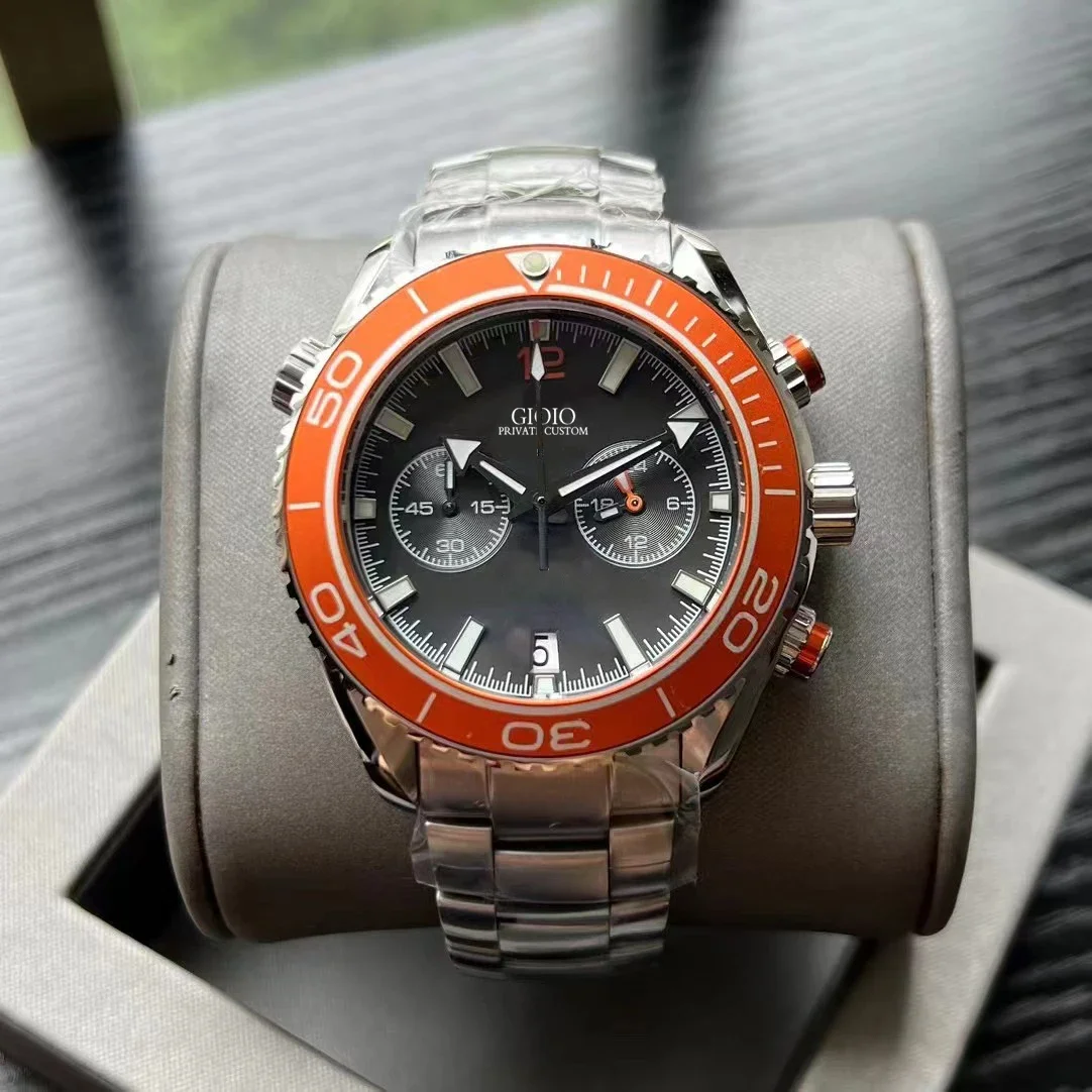 

Часы мужские кварцевые с хронографом, люксовые наручные часы с браслетом из нержавеющей стали, с оранжевым и керамическим циферблатом, черные белые, с резиновым ремешком, VK63