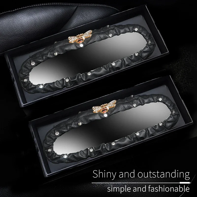 Rhinestone Diamond Car Rearview Mirror Cover Leather Crown Bee Auto Rear View Mirror Decoration Car Interior Accessories