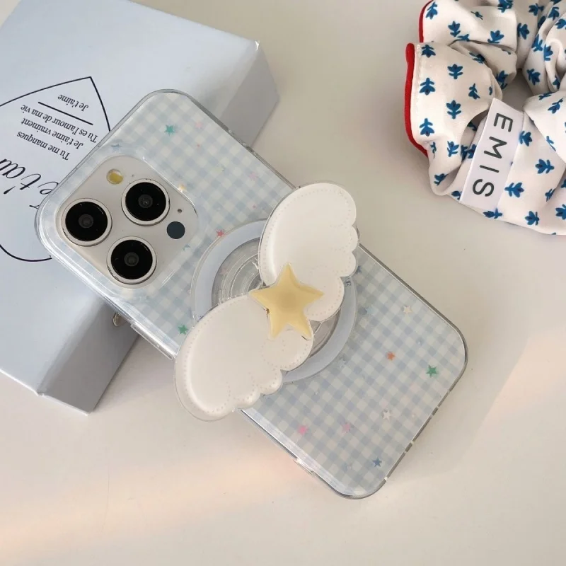 Korean Cute Wing Star Rotation Magsafe Magnetic Phone Griptok Grip Tok Stand iPhone 15 Wireless Charging Case Holder