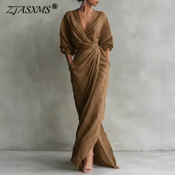 Women's Sexy V Neck Wrap Waist Long Dresses 2026 Spring Casual Solid Slim Bodycon Hips Dress Elegant Long Sleeve Slit Maxi Dress 1