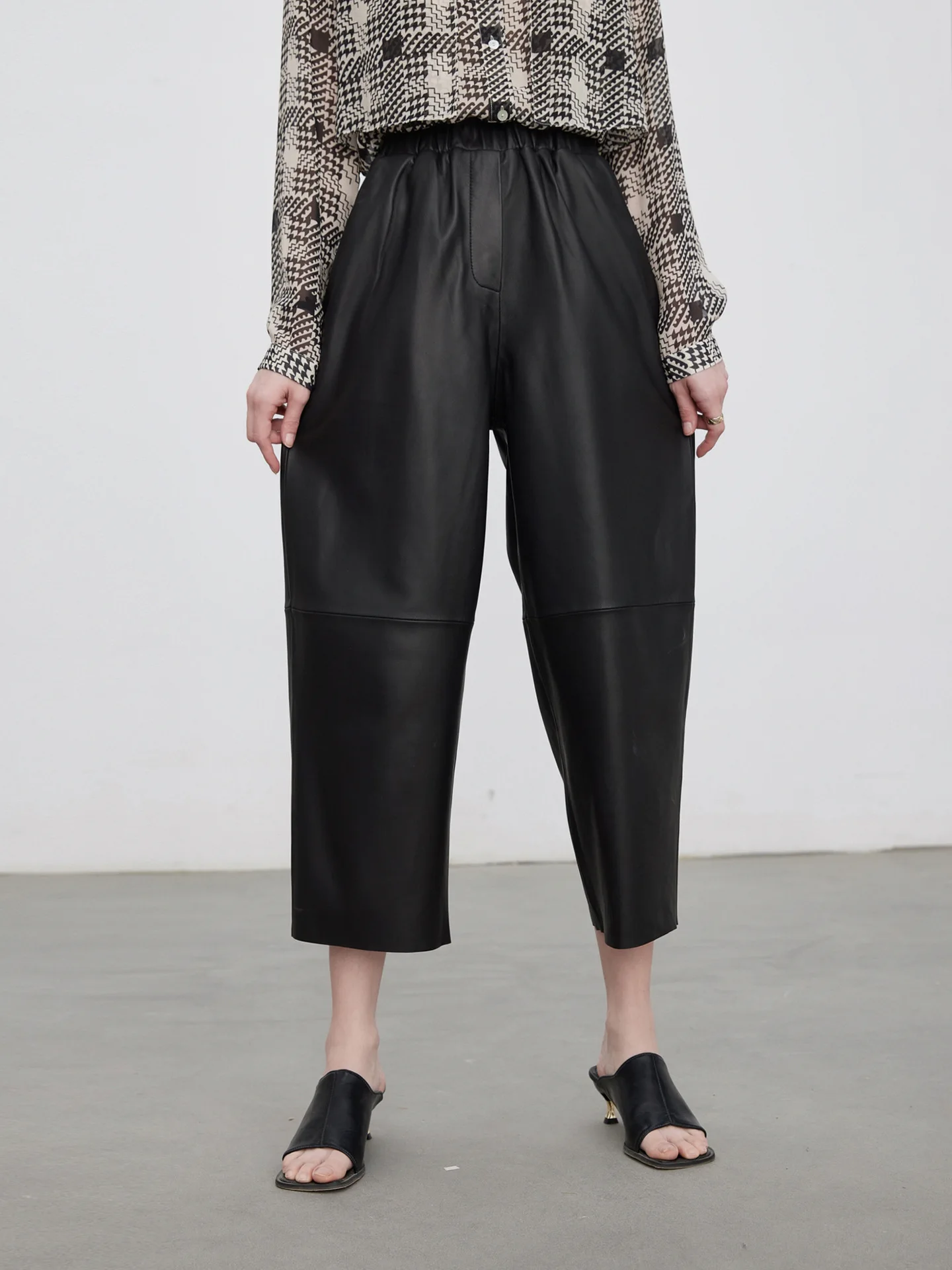 Genuine Leather Pants for Women, Ankle Length, Sheepskin Pants, Wide Leg Haren Pants, Elastic Waist, Spring and Autumn