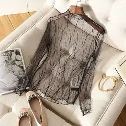 Elegant Women's Sheer Lace High Neck Blouse - Long Sleeve Mesh Top - One Size (Line)