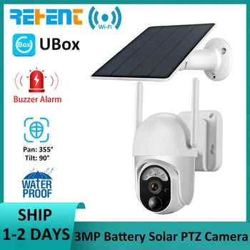 REHENT 태양광 야외 보안 PIR 스포트라이트, 풀 컬러 야간 투시경 CCTV 감시, PTZ 사이렌 카메라, Ubox 앱, 3MP 와이파이 배터리