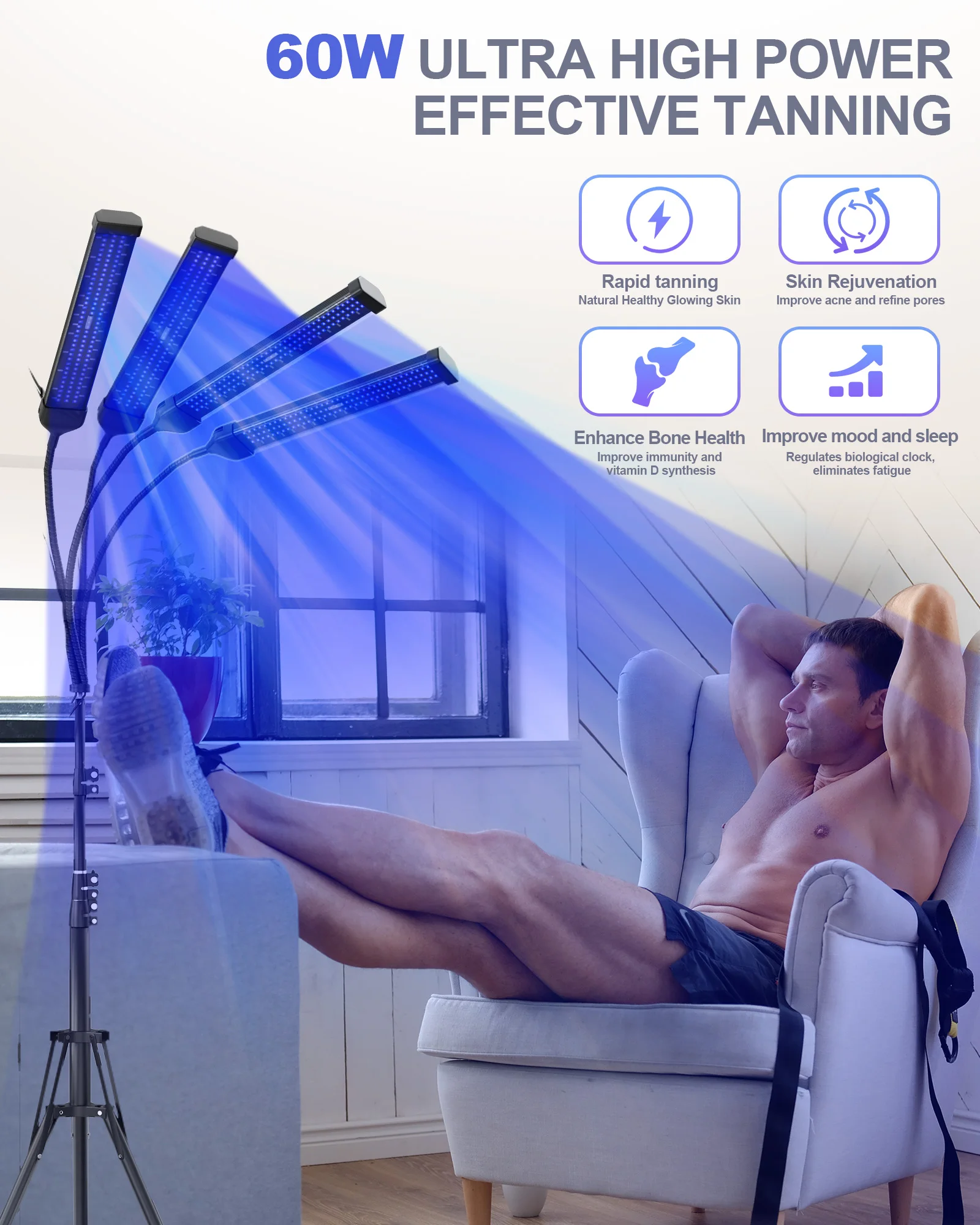 60W Tanning Lamp 4-Head UV Tanning Machine 432 LEDS Blue Light Wavelength 460nm & 490nm 360&deg; Rotation Solarium Light