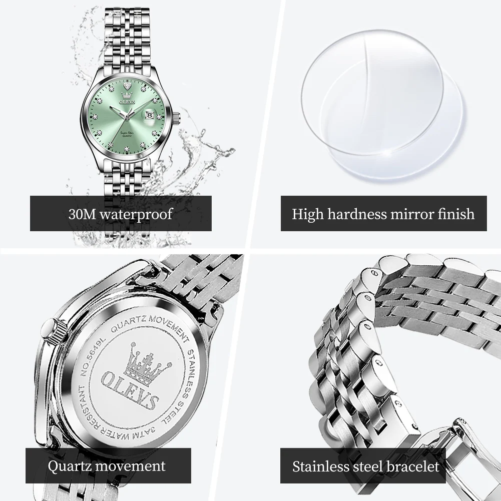 OLEVS 5649 Quartz Women's Watch High Hardness Mirror Date Fashion Wristwatch Steel Strap Waterproof Watch For Women Zircon Scale