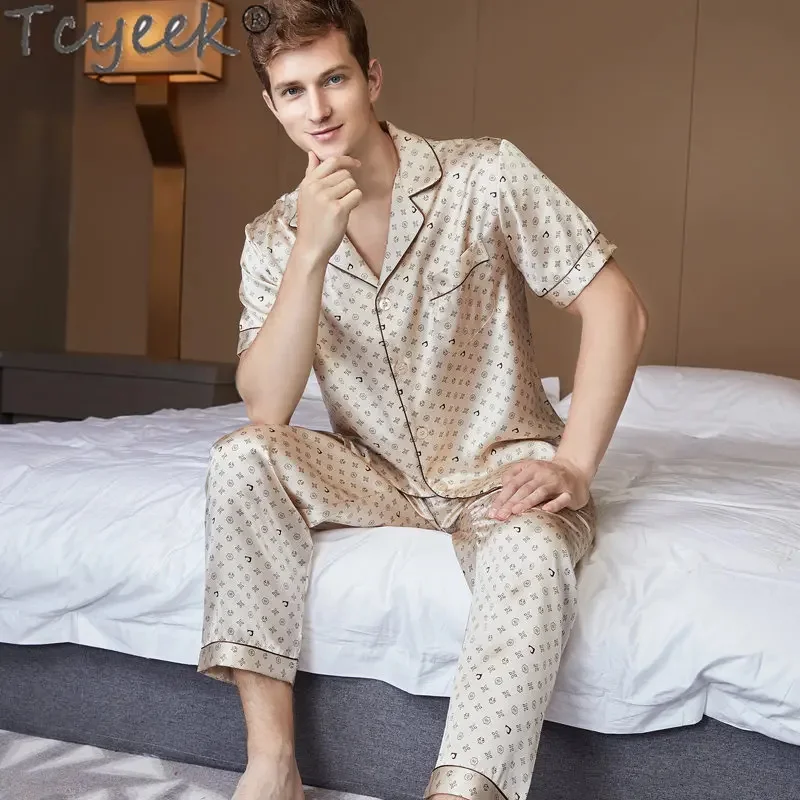 

100% Tcyeek Mulberry Men's Clothing Summer Two Piece Set Real Silk Pajamas for Men New Thin Homewear пижама мужская