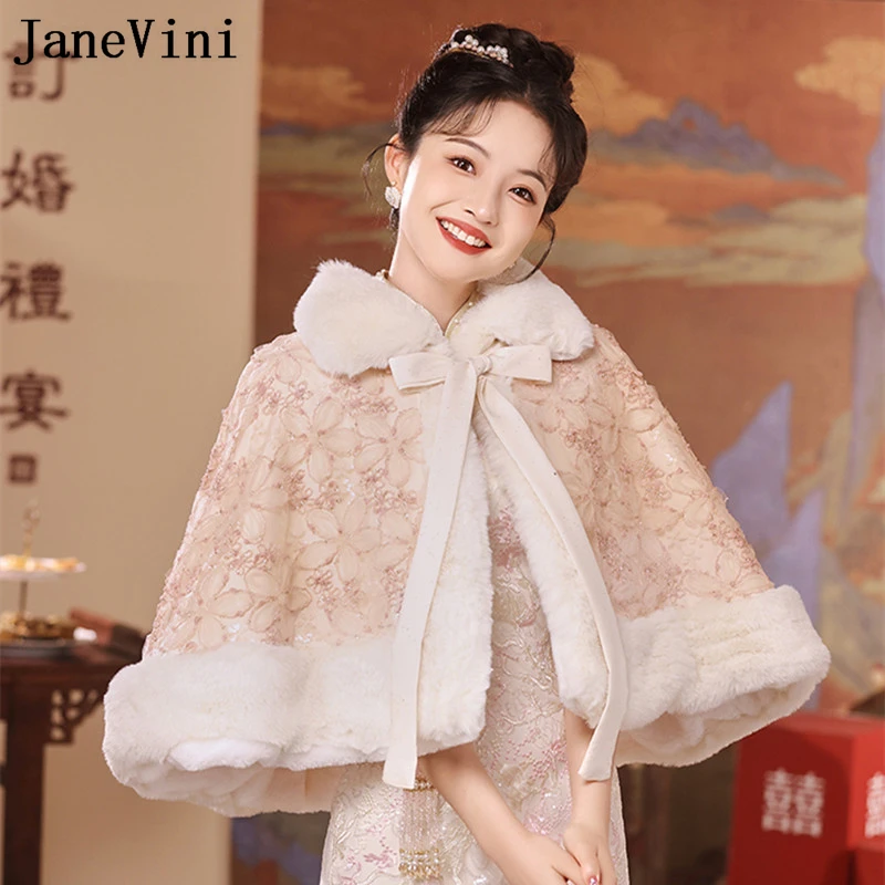 Janevini Luxury Light Pink Bolero Paillettes Floral Fur Wrap Wedding Cape For Bride Faux Fur Bridal Bolero Women Party Dress Jacket